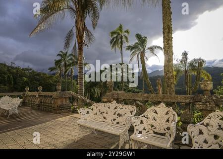 View to a terrace in warm light with palm trees and a big gray cloud in the background, Caraca Natural Park, Minas Gerais, Brazil, South America Stock Photo