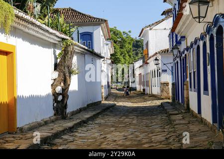 View into typical narrow cobblestone street with colonial buildings with an old tree climbing up the wall in late afternoon sun, historic town Paraty, Stock Photo