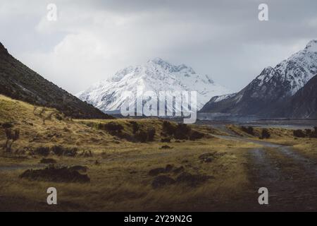 Gravel track leads through a vast landscape with snow-capped mountains and cloudy skies, Hooker Valley Track, New Zealand, Oceania Stock Photo