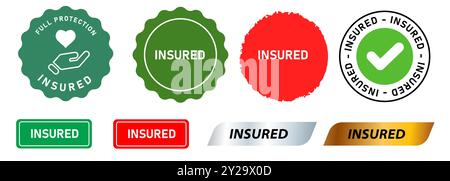 Insured secure fully trusted trustworthy risk free stamp sign green badge collection set license design Stock Vector