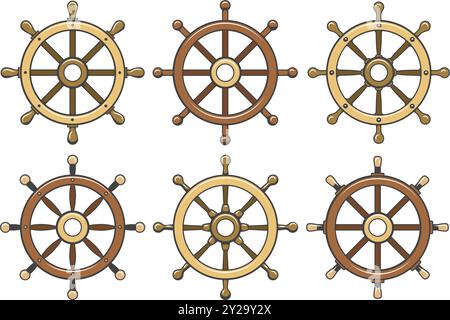 Cartoon wooden ship wheel set Stock Vector