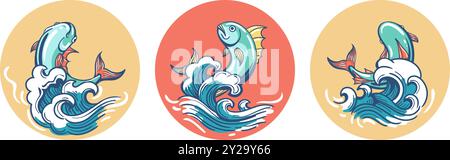 Jumping fish retro label set Stock Vector