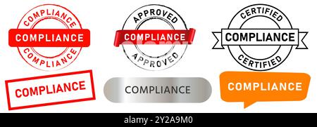 Compliance stamp work conformity certified safe secure badge grunge textured symbol design set collection Stock Vector