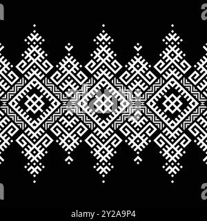 White abstract native American ethnic diamond-shaped geometric seamless pattern on black. Designed for decoration, textile, fabric prints, and other d Stock Vector