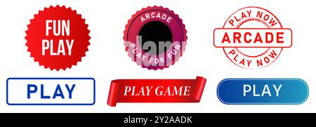 Play game arcade stamp badge have fun playing now symbol sticker logo ribbon colorful object collection design set Stock Vector