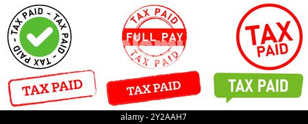 Tax paid stamp finance due pay badge red green sign logo full payment confirmation design set collection Stock Vector