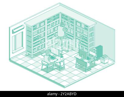Isometric library with books on shelves. Man stand on ladder and read book. Online catalog. Man sit on computer and read text on monitor. Stock Vector