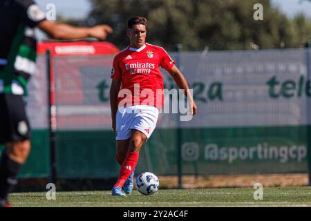 Alcochete, Portugal. 20th Aug, 2024. Goncalo Oliveira (SL Benfica) seen in action during the Liga Revelacao game between teams of Sporting CP and SL Benfica at Estadio Aurelio Pereira. Sporting u23 vs SL Benfica u23; final score 1:0 Credit: SOPA Images Limited/Alamy Live News Stock Photo