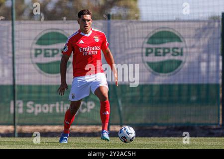 Alcochete, Portugal. 20th Aug, 2024. Goncalo Oliveira (SL Benfica) seen in action during the Liga Revelacao game between teams of Sporting CP and SL Benfica at Estadio Aurelio Pereira. Sporting u23 vs SL Benfica u23; final score 1:0 Credit: SOPA Images Limited/Alamy Live News Stock Photo