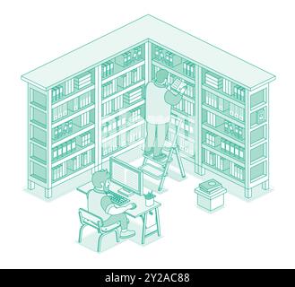 Isometric library with books on shelves. Man stand on ladder and read book. Online catalog. Man sit on computer and read text on monitor. Stock Vector
