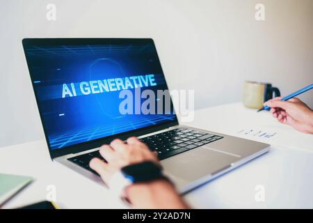 AI generative app. Chat with Artificial Intelligence software in computer at home office. Hands view of Future digital technology and copyright trend Stock Photo