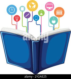 Open book with educational icons above Stock Vector