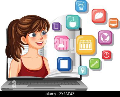 Girl learning online with educational icons Stock Vector