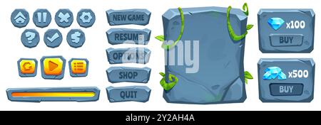 Jungle stone game ui buttons set isolated on white background. Vector ...