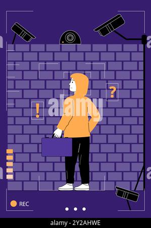 Man with video surveillance. Cameras film young guy in yellow hoodie drawing on wall. Safety of city streets and protection of private property Stock Vector