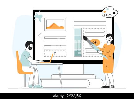 Team of web designers. Man and woman developing design for web page, application or program. Freelancers and coworkers working on common project on Stock Vector