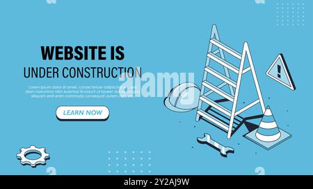 Isometric website under construction poster. Maintenance and bug fixes. Ladder, wrench, cone and hardhat. Banner or cover. Linear vector illustration Stock Vector