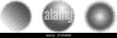 Bitmap pixel arcade game effect. Circles with bit pattern texture. Round y2k halftone elements on white background. Vector aesthetic globe set with Stock Vector