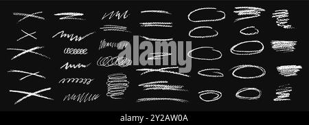 Set of chalk scribble frames and line brush elements. Collection of white wax pencil drawn highlighter spots and cross shapes. Rough crayon vector Stock Vector