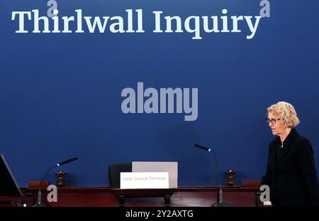 Chair of the inquiry Lady Justice Thirlwall at Liverpool Town Hall, ahead of hearings into the murders and attempted murders of babies by nurse Lucy Letby. The inquiry will examine how the nurse was able to murder babies on the Countess of Chester Hospital's neonatal unit. Letby was convicted of the murders of seven babies and the attempted murders of seven others, with two attempts on one child, when she worked on the neonatal unit at the hospital between June 2015 and June 2016. Letby is serving 15 whole-life orders - making her only the fourth woman in UK history to be told she will never b Stock Photo