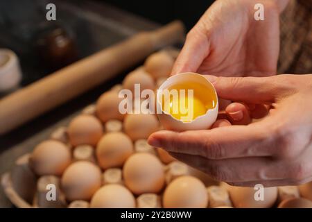 Close-up of female hands holding broken chicken egg on background of egg carton Close-up, healthy eating concept Stock Photo