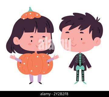 Children in Halloween costumes.Skeleton,pumpkin.Funny cartoon characters. Stock Vector