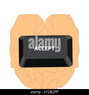 Hands holding the accept button from a keyboard Stock Vector
