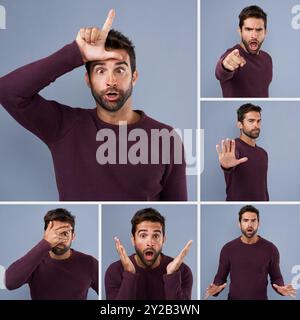 Portrait, collage and man with loser gesture, emoji or hand sign in studio for shock, anger or surprise. Feeling, emotion and mosaic of person with Stock Photo