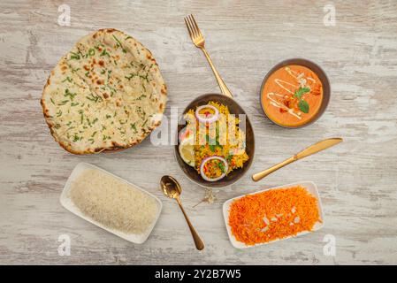 A set of typical Indian dishes with recipes based mainly on rice. Stock Photo