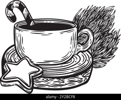 Holiday coffee mug with stick candy and star-shaped cookie line drawing isolated on white background. Stock Vector