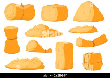 Hay bales. Cartoon sheaves and dry grass piles. Bundles of yellow straw. Farming haylofts. Livestock feed forage harvesting. Agriculture haystacks Stock Vector