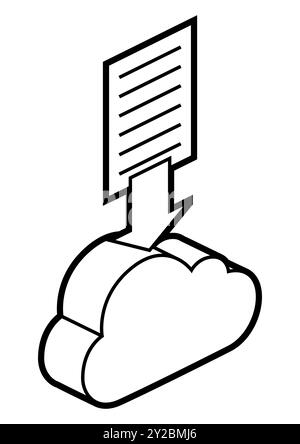 Cloud and paper icon in isometry. Uploading information and files. Image for website, app, logo, UI design. Stock Vector