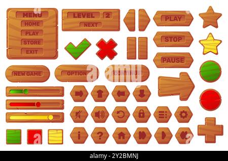 Cartoon wooden UI buttons and panels. Menu components and settings icons. Tree texture. Natural material. 2D game interface. Plywood symbols. Wood Stock Vector