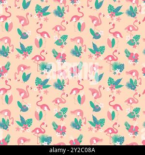 Pattern with pink flamingos and tropical leaves on pink background. Pink flamingo in flat style. Seamless pattern for textile, wrapping paper Stock Vector