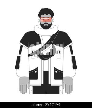 Futuristic glasses african american man cyberpunk dressed black and white line illustration Stock Vector