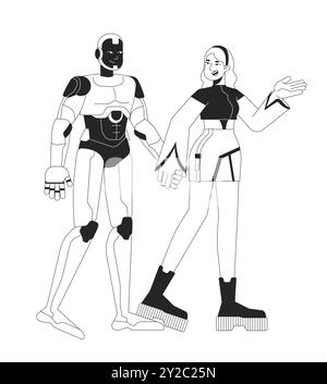 Robot friend future friendship black and white line illustration Stock Vector