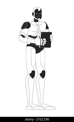 Robot office worker black and white line illustration Stock Vector