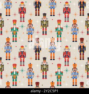 Seamless Christmas Pattern with Nutcrackers in Vector on beige. Stock Vector