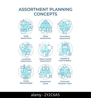 Assortment planning soft blue concept icons Stock Vector