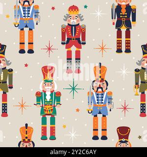 Seamless Christmas Pattern with Nutcrackers in Vector on beige. Stock Vector