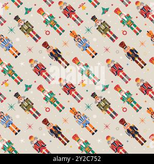 Seamless Christmas Pattern with Nutcrackers in Vector on beige. Stock Vector