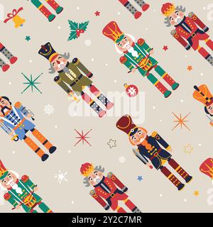 Seamless Christmas Pattern with Nutcrackers in Vector on beige. Stock Vector