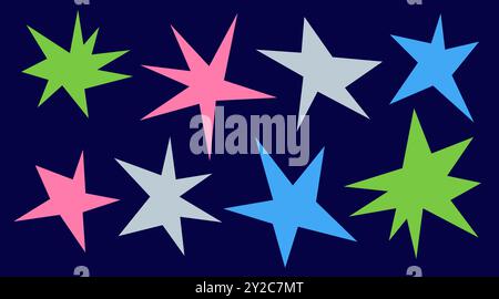 Irregular spikey stars shapes. Set trendy Black cutout paper elements. Hand drawn chevron shapes. Funky groovy sparks simple forms isolated on blue Stock Vector