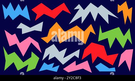 Irregular spikey hand drawn chevron shapes. Set trendy Black cutout paper elements. Stars shapes. Funky groovy sparks simple forms isolated on blue Stock Vector