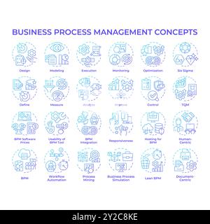 Business process management blue gradient concept icons Stock Vector