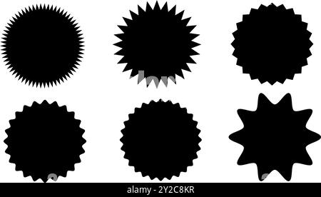 Zigzag and wavy geometric shapes set. Circle elements with curve edge. Zig zag shapes for stickers, badges, labels, decoration of posters, sales Stock Vector