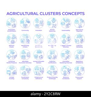 Agricultural clusters blue gradient concept icons Stock Vector