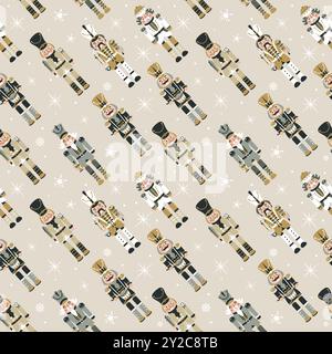Seamless Christmas Pattern with Nutcrackers in Vector on beige. Stock Vector