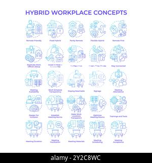 Hybrid workplace blue gradient concept icons Stock Vector