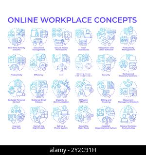 Online workplace blue gradient concept icons Stock Vector